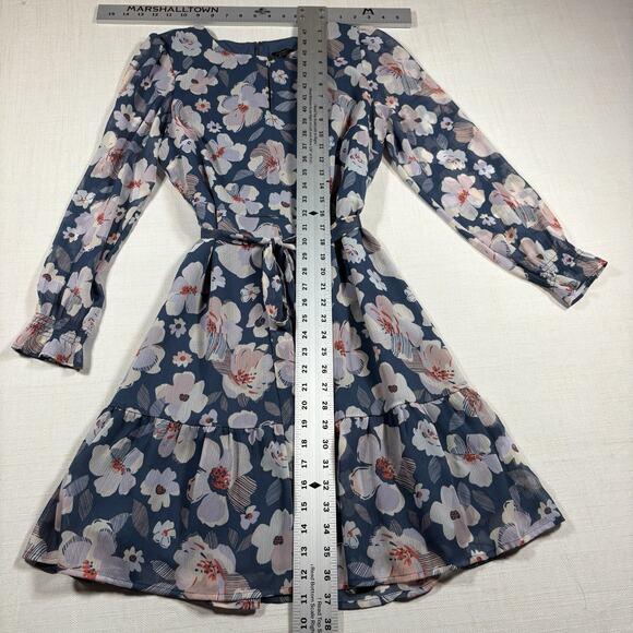 Ann Taylor Dress Womens 8P Blue Floral Long Sleeve Business belted lined midi - Picture 9 of 11